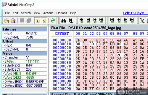 Compare two files by taking a look at their hexadecimal structure using this app that marks different code with red highlights - Screenshot of HexCmp