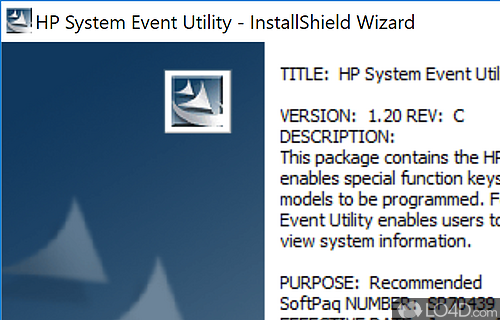 Screenshot of HP System Event Utility - User interface