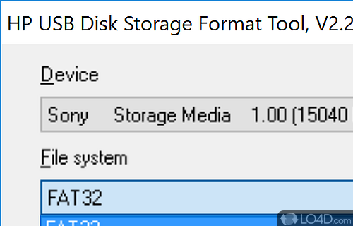 Choose from several formatting options - Screenshot of HP USB Disk Storage Format Tool