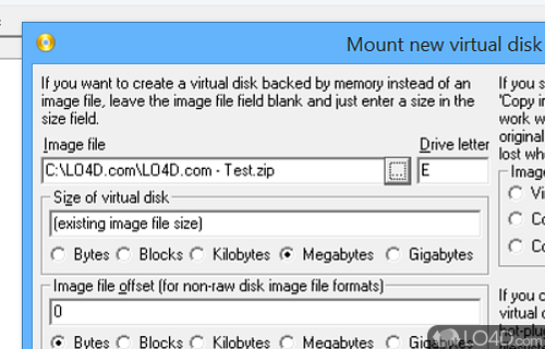 Disk driver for system to reserve a segment of RAM in order to create virtual disks - Screenshot of ImDisk