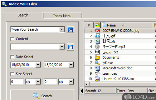 Screenshot of Index Your Files - Comes integrated with multiple options and configurable settings for searching for files and file content