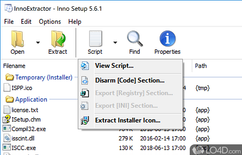 Launch files, view scripts, and run VirusTotal checkups - Screenshot of InnoExtractor