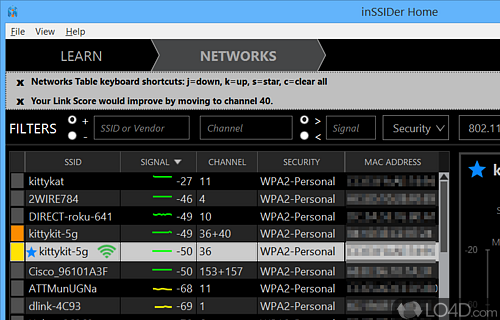 Wi-Fi network scanner that displays detailed information about all the detected wireless networks - Screenshot of inSSIDer