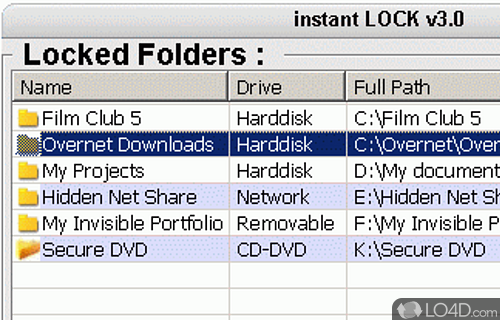 Screenshot of instant LOCK - Piece of software to secure and protect folders by hiding them without damaging their contents