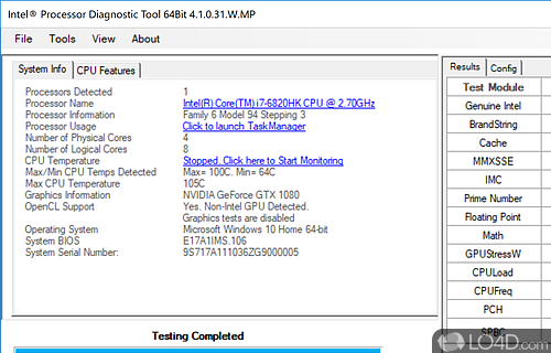 To check the functionality status of Intel processor - Screenshot of Intel Processor Diagnostic Tool
