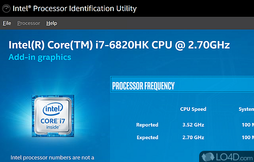 Identify characteristics of the processor inside a system fast - Screenshot of Intel Processor Identification Utility