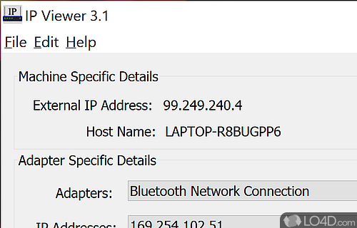 Lets you view the local host name, internal and external IP address in a environment with no special features - Screenshot of IP Viewer