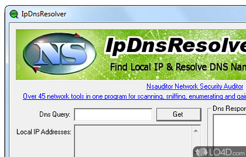 Screenshot of IpDnsResolver - Finds IP address and resolves host names to IP addresses using the DNS, with options for all user levels