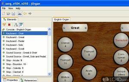 Screenshot of jOrgan - MIDI console that emulates an organ, with unification, arrangement of pipe ranks by chamber
