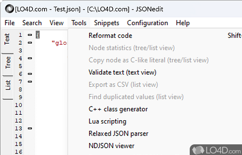 View node statistics and validate the text - Screenshot of JSONedit