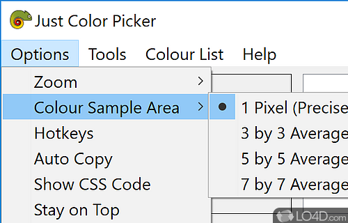 Reduce the color sample area to an average of 3x3, 5x5 or 7x7 average - Screenshot of Just Color Picker