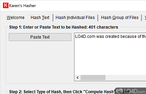 Compute and verify various hash values for text strings, files, and groups of files - Screenshot of Karen's Hasher