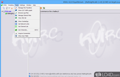 A number of tools are available, including file transfers and network data - Screenshot of KVIrc
