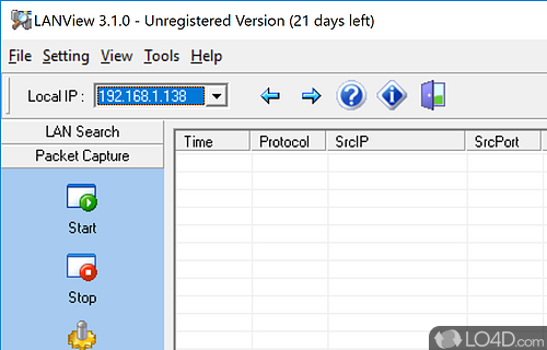 LAN searches and packet capturing options - Screenshot of LANView