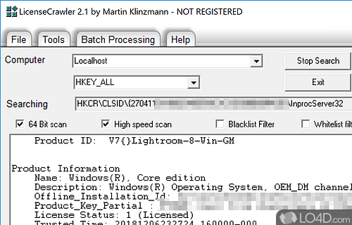 Scan the Windows Registry for Windows product keys - Screenshot of LicenseCrawler