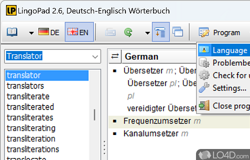 Customizable English-German dictionary - Screenshot of LingoPad