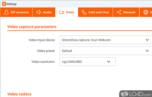 Supports video with the selection of webcams or other video input devices - Screenshot of Linphone