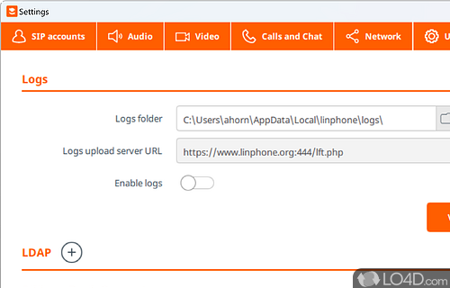 Configuring logging and the address book connector - Screenshot of Linphone