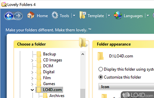 Can change the icons of folders with custom images - Screenshot of Lovely Folders