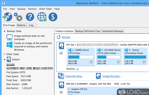 Create an exact image of partitions on hard disk in order to easily recover from system failures without loosing important data - Screenshot of Macrium Reflect Free