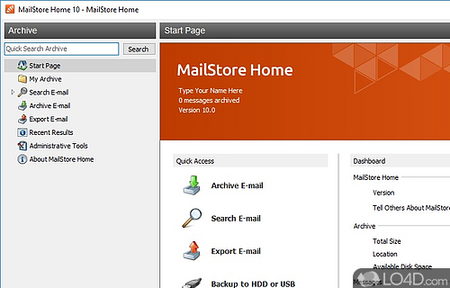 Screenshot of MailStore Home - Allows you to store all email messages in a secure, searchable, offline source