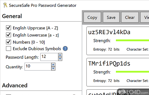 Screenshot of SecureSafe Password Generator - Generate random passwords based on specified criteria, such as length, letter case, symbols