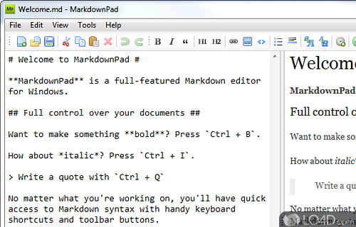 Screenshot of MarkdownPad - HTML editor that offers support for syntax highlighting, live previewing, preset HTML blocks, custom CSS, full screen mode