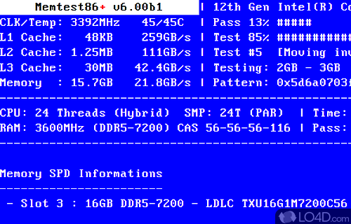 Screenshot of Memtest86+ - Memory testing tool, which is capable of running an exhaustive series of tests on the user's RAM to detect any failures