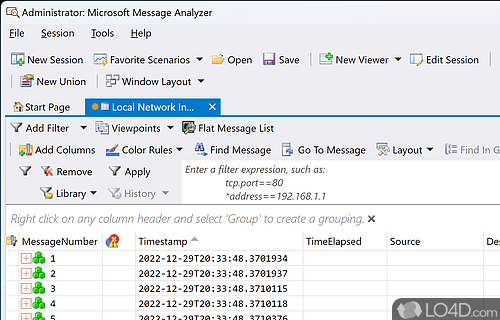 Provides traffic capturing, viewing and analysis functions for tracing and assessing messages from operating system components - Screenshot of Microsoft Message Analyzer