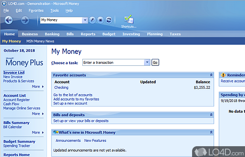 Manage money, create own invoices, set up alerts for all kinds of operations - Screenshot of Microsoft Money