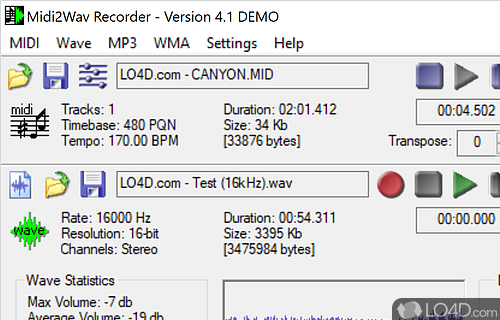 User interface - Screenshot of Midi2Wav Recorder