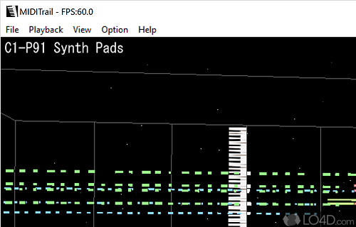 Screenshot of MIDITrail - Plays standard MIDI files and can visualize the dataset and the piano keyboard in 3D or 2D