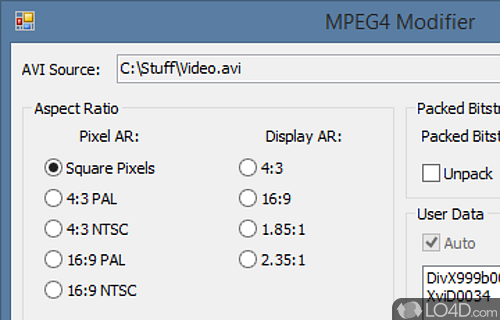 Screenshot of MPEG4 Modifier - Modify the playback parameters of MPEG4 videos, change their aspect ratio, pack bitstream