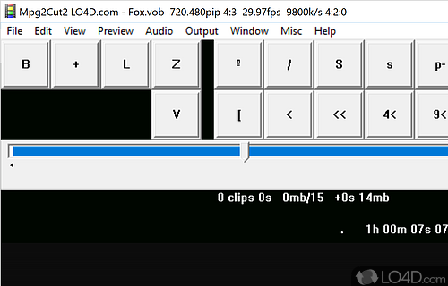 Compact app that allows users to perform video editing operations, such as splitting files, applying deinterlacing effects - Screenshot of Mpg2Cut2