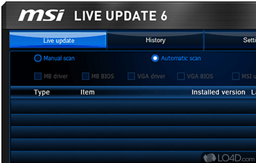 Screenshot of MSI Live Update - Update BIOS, drivers, firmware and utilities