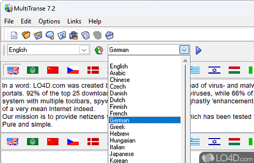 Paste your text and select the source and the target languages - Screenshot of MultiTranse