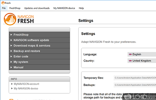Backup and restore data - Screenshot of NAVIGON Fresh