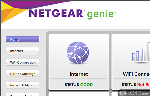 Monitors network, sets up restrictions for certain websites, helps you configure router - Screenshot of NETGEAR Genie