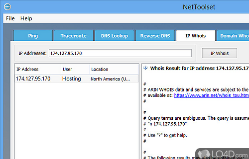 Tabbed interface with clear options - Screenshot of NetToolset