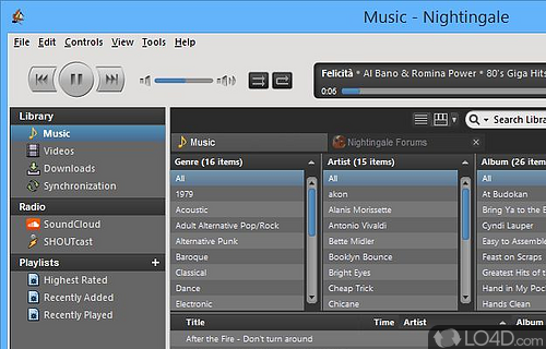 Organize playlists with tunes, access different web pages for more content - Screenshot of Nightingale