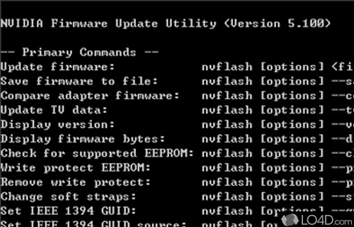 Screenshot of nVFlash - Command line firmware update app designed for NVidia adapters to perform additional tasks