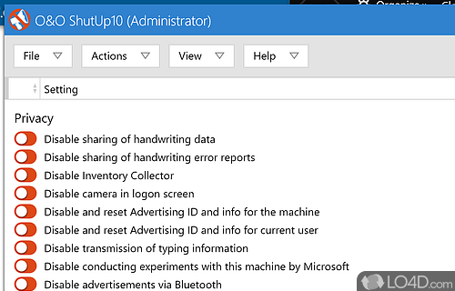 Disable telemetry, localization detection, Cortana, app access to information - Screenshot of O&O ShutUp10