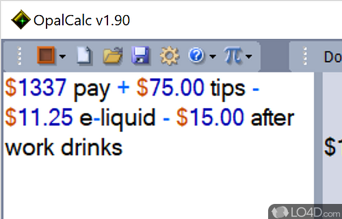 Freeform 'scratchpad' calculator with multi-line, live answers as you type, additionally allowing you to insert words in the sum - Screenshot of OpalCalc