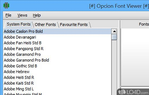 View the style of all fonts installed on computer, edit tags to include more characters in preview - Screenshot of Opcion Font Viewer