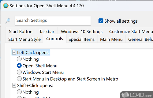 Allows you to change the style and basic settings of the menu - Screenshot of Open Shell