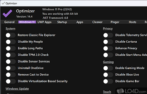 Disable Windows features that may be reducing performance and affecting your privacy - Screenshot of Optimizer
