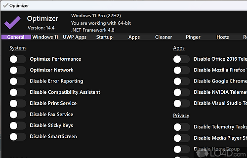 Tweak Windows in order to enhance privacy and security, PC, manage startup items and add new items to the context menu - Screenshot of Optimizer