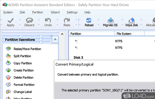 Change the size of a partition and move or copy partitions - Screenshot of AOMEI Partition Assistant Standard