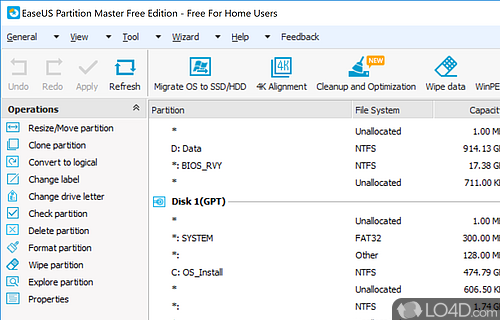 Modify the structure of hard drive, move and copy partitions, change their labels or defragment them - Screenshot of EaseUS Partition Master Free