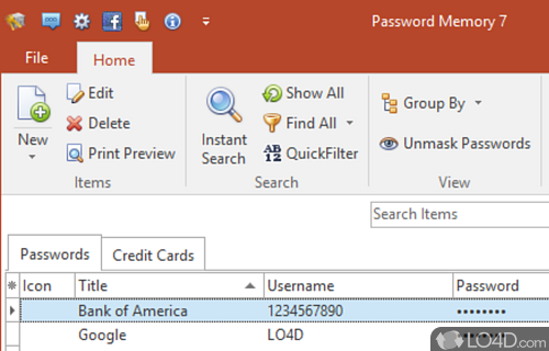 Organize and secure passwords and credit card information by managing them within a single app - Screenshot of Password Memory